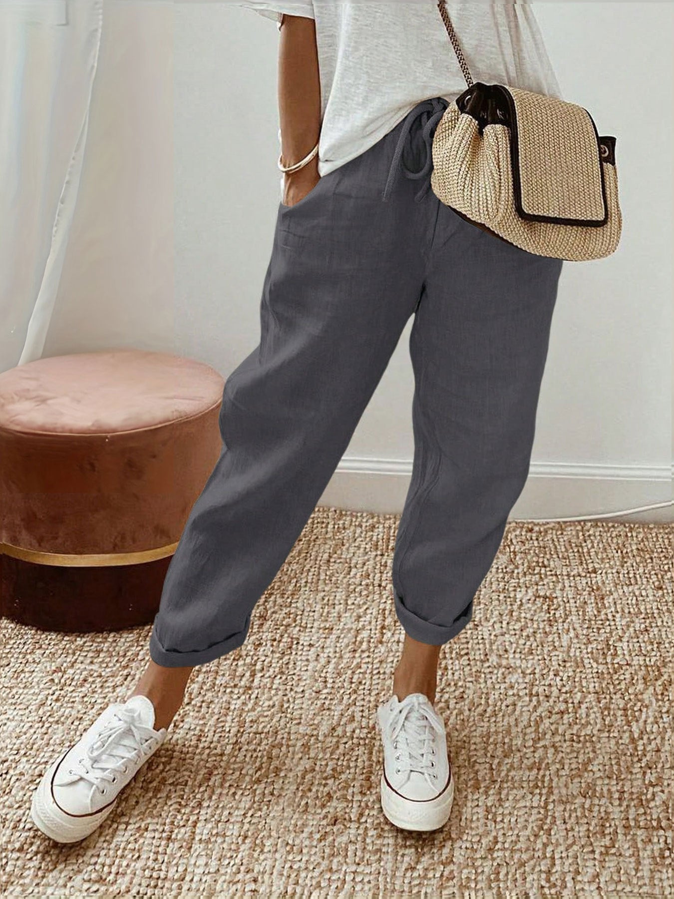 Pantalon décontracté en lin pour femme avec taille élastique et poches pratiques Berg-Feldt
