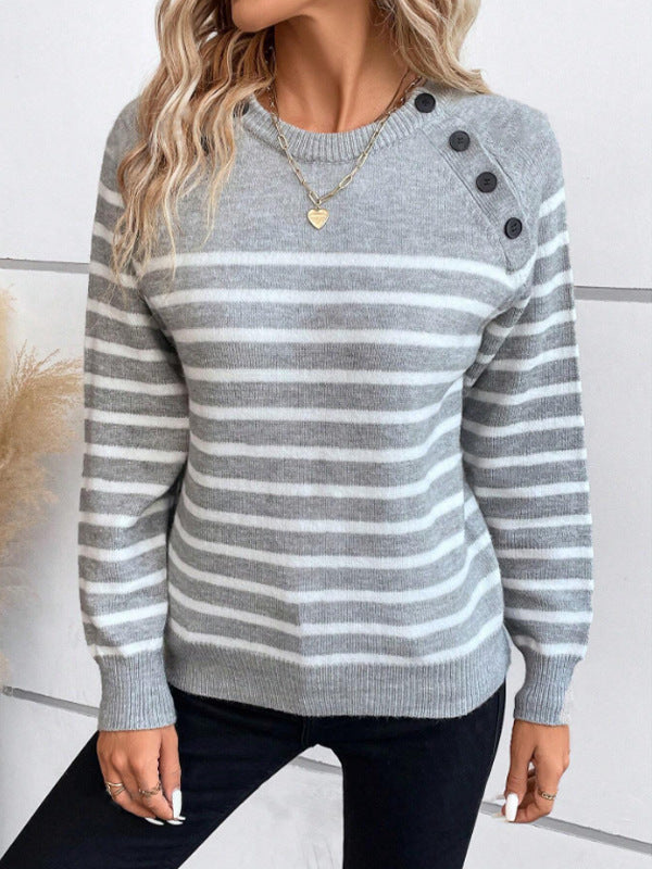 Pull rayé pour femme avec détails de boutons décoratifs et col rond Berg-Feldt