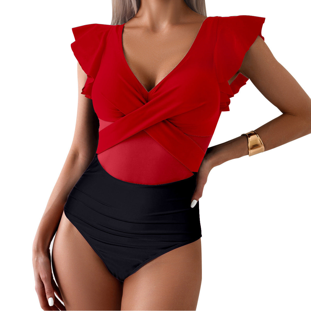 Maillot de bain une pièce élégant pour femme, col en V, à volants, de berg-feldt