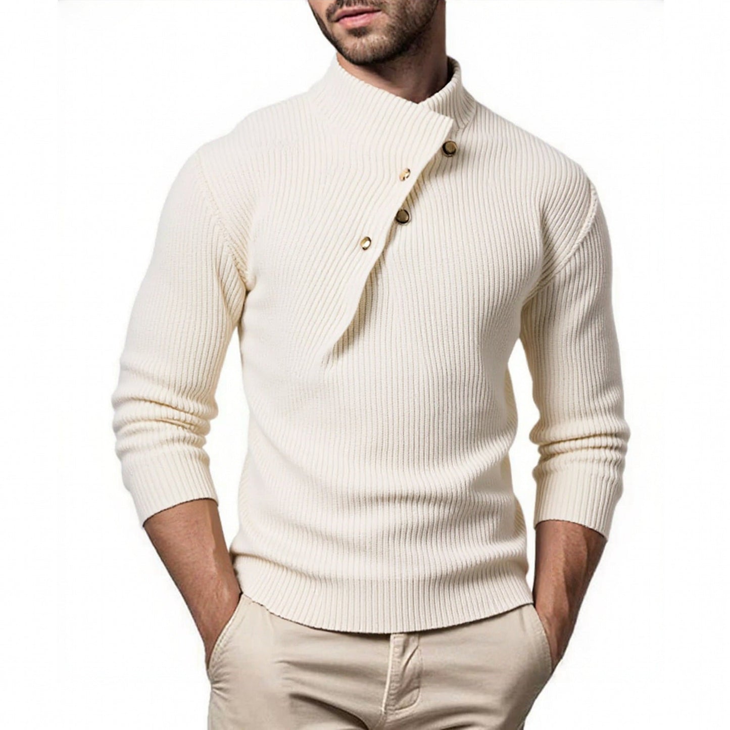 Pull en maille pour hommes à col montant et patte de boutonnage asymétrique Berg-Feldt