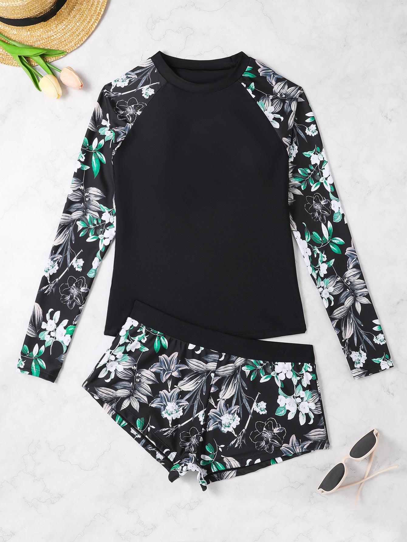 Ensemble de maillot de bain pour femme à manches longues, motif floral et pantalon confortable de berg-feldt