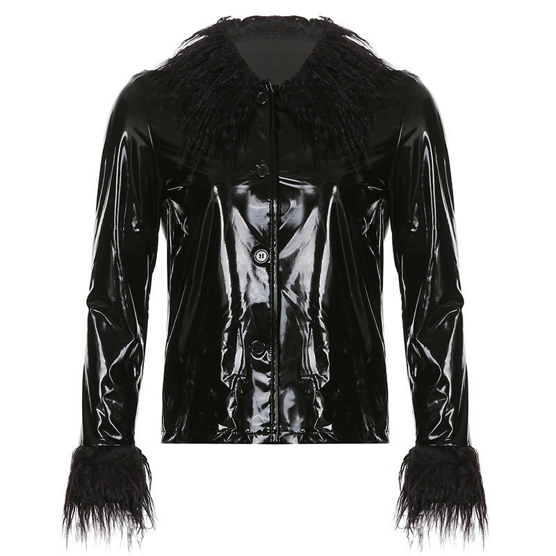 Manteau long féminin en vinyle avec col douillet en fausse fourrure Berg-Feldt