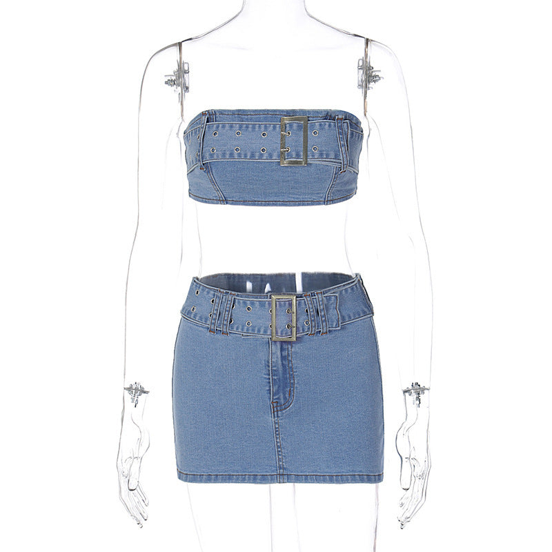 Ensemble en jean pour femme Berg-Feldt : haut ouvert et mini-jupe