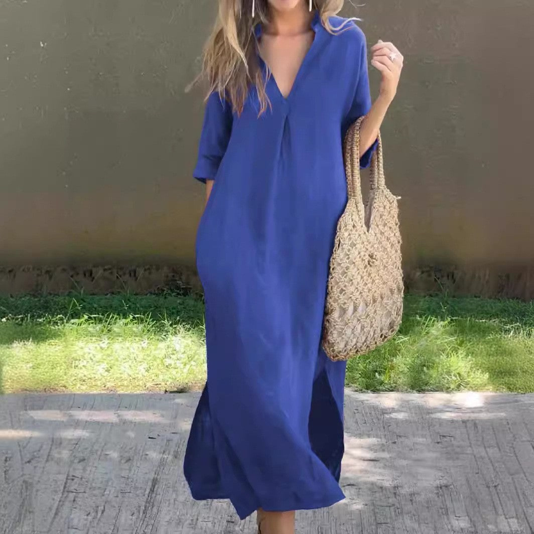 Robe longue décontractée pour femme avec col en V et poches latérales de berg-feldt