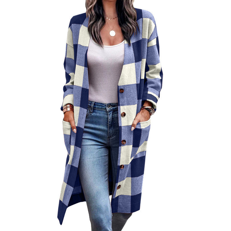 Gilet cardigan long à carreaux pour femme avec poches Berg-Feldt