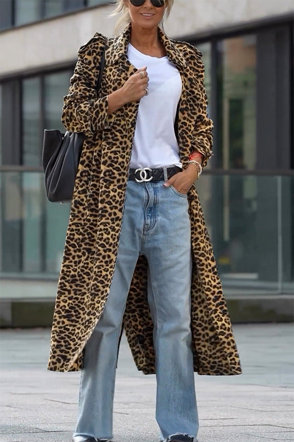 Berg-Feldt | Leoparden Revers Lockerer Langer Trenchcoat