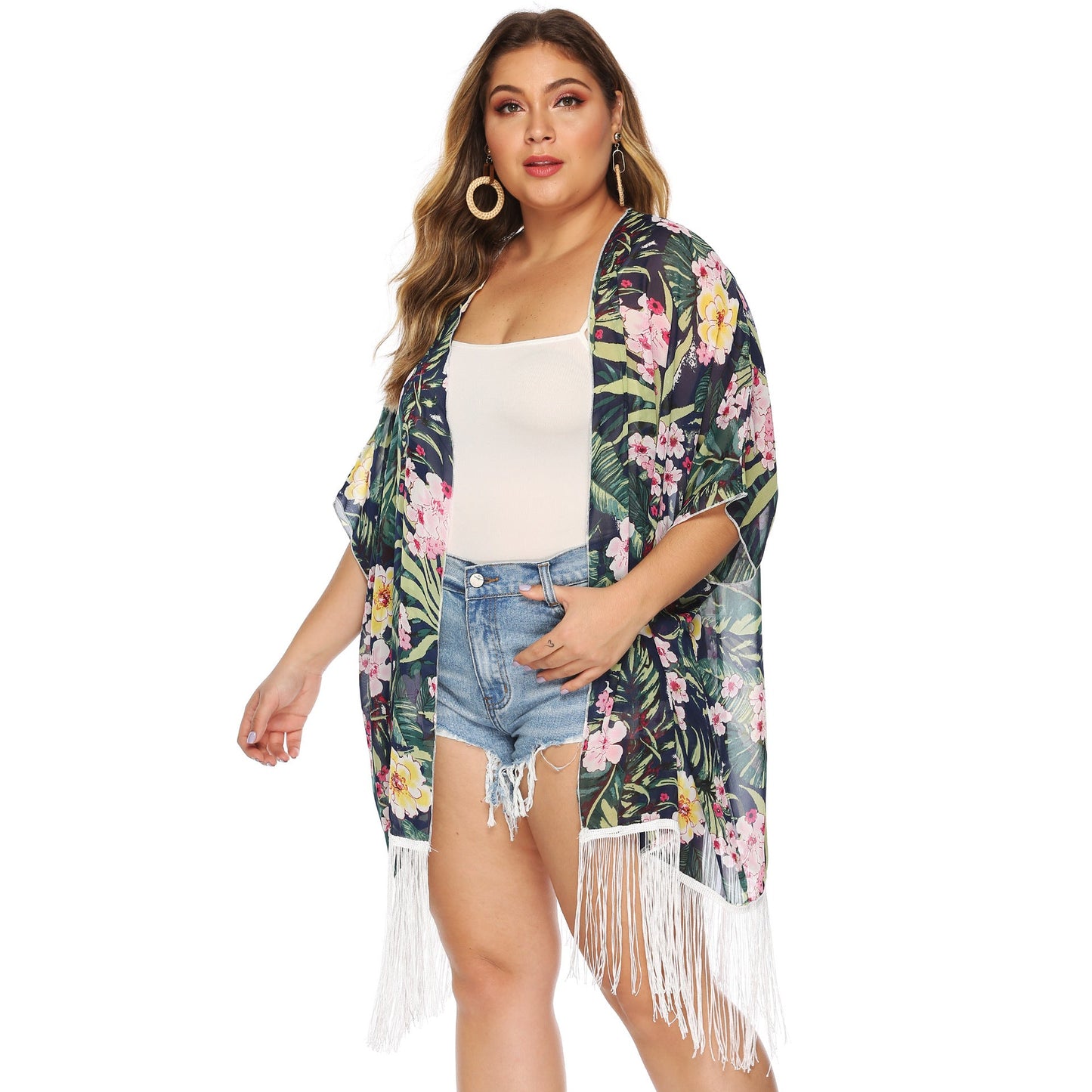 Gilet Kimono Femme Berg-Feldt à Motifs Floraux et Franges