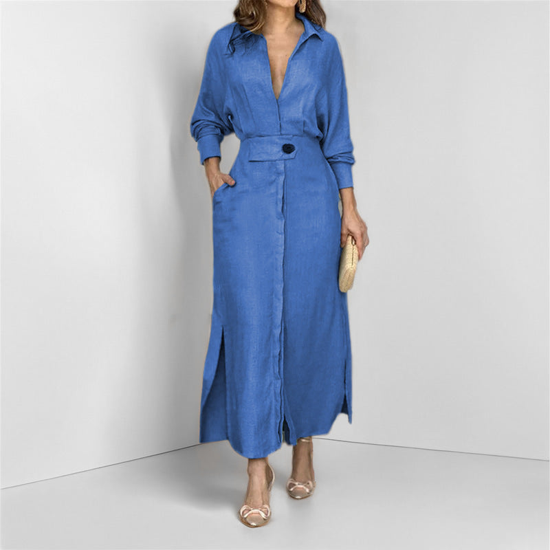 Elegantes Maxikleid mit tiefem V-Ausschnitt, Gürtel und lässigem Schnitt von berg-feldt