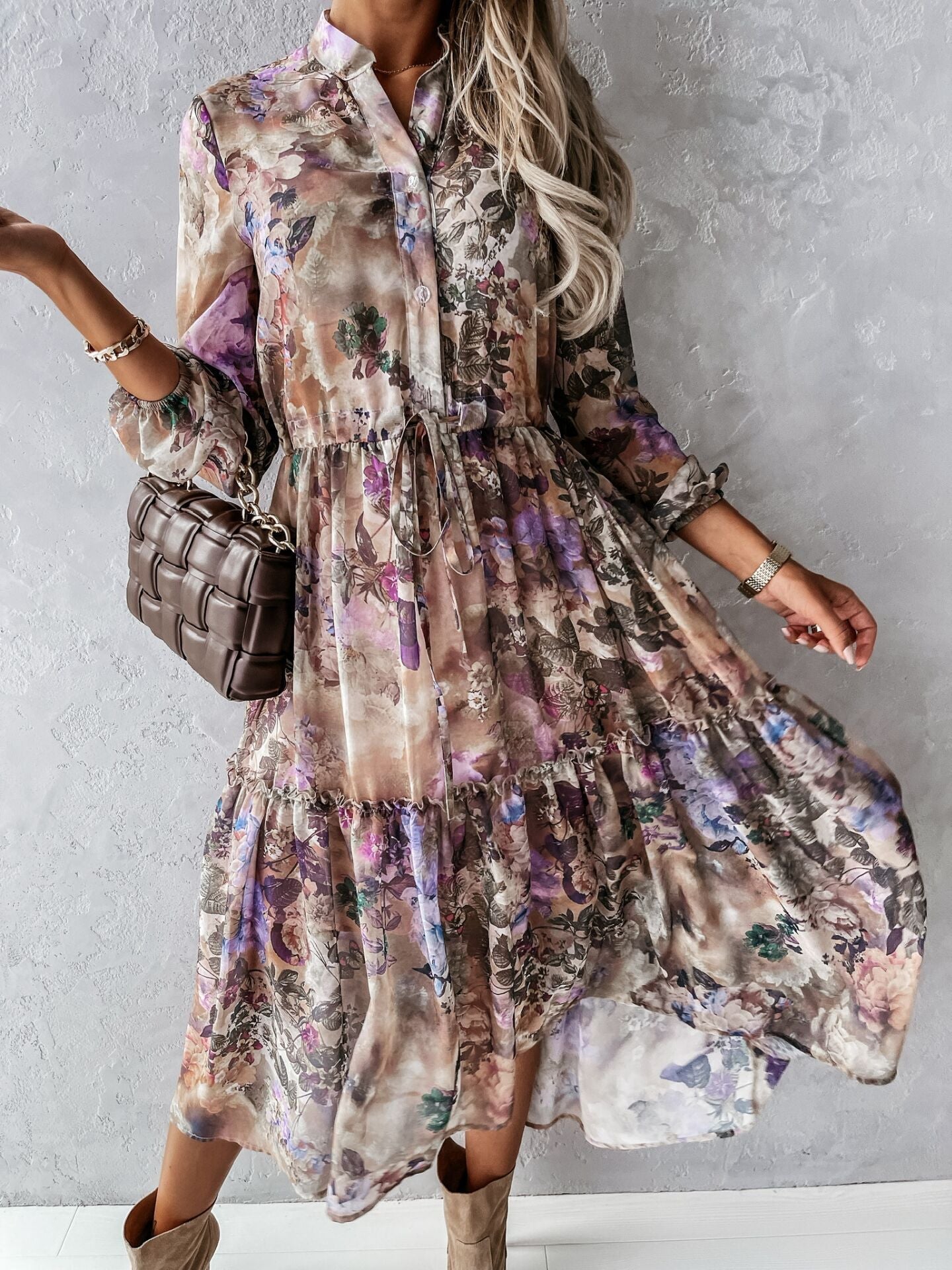 Maxikleid für Damen, floral, Stufen-Design, Knopfleiste von berg-feldt