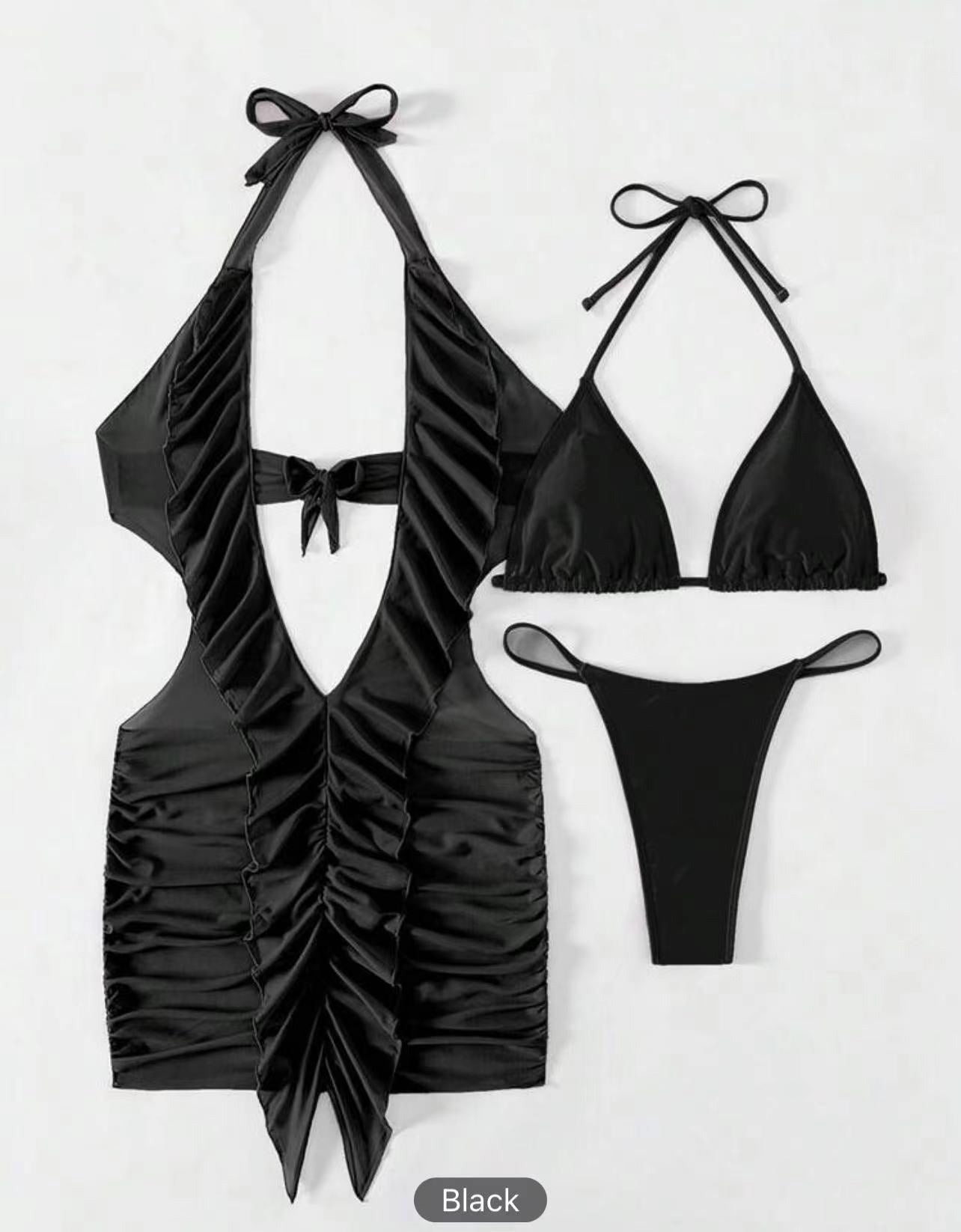 Berg-Feldt Damen Halterneck Badeanzug und Bikini Rüschenset