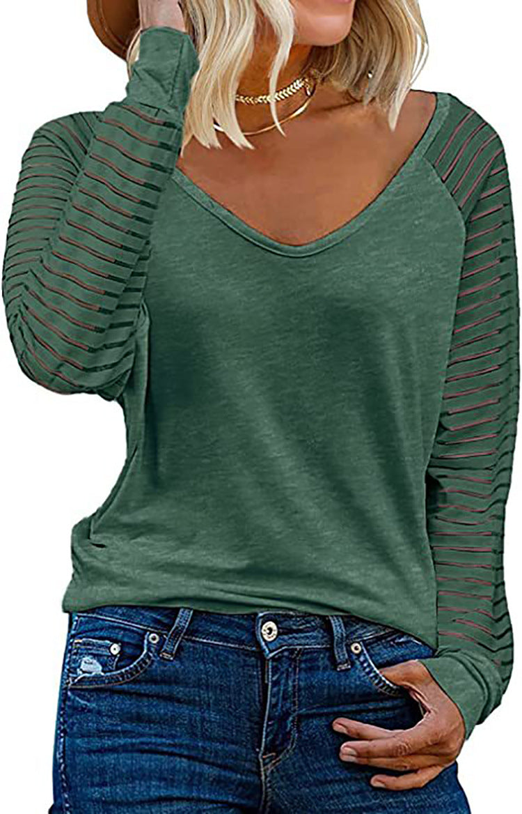 T-shirt à manches longues et col en V pour femme avec manches rayées Berg-Feldt
