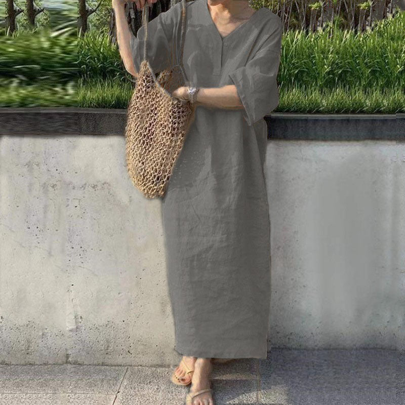 Robe en coton et lin Fudus à col en V