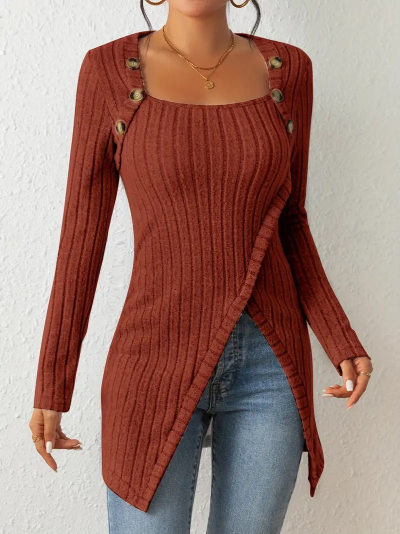 Haut asymétrique Berg-Feldt pour femme, manches longues et boutons
