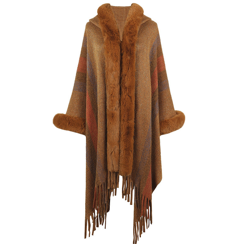 Damen-Poncho tendance avec luxueux col en fausse fourrure et franges Berg-Feldt