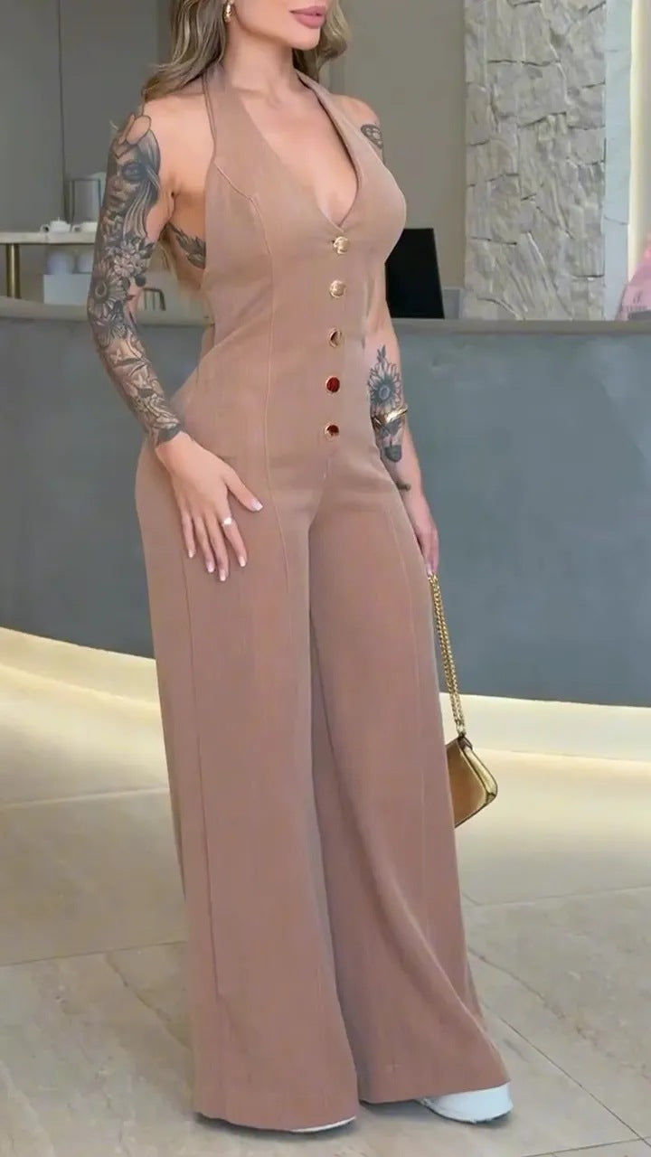 Combinaison Berg-Feldt pour femme avec dos nu, jambes larges et détails boutonnés