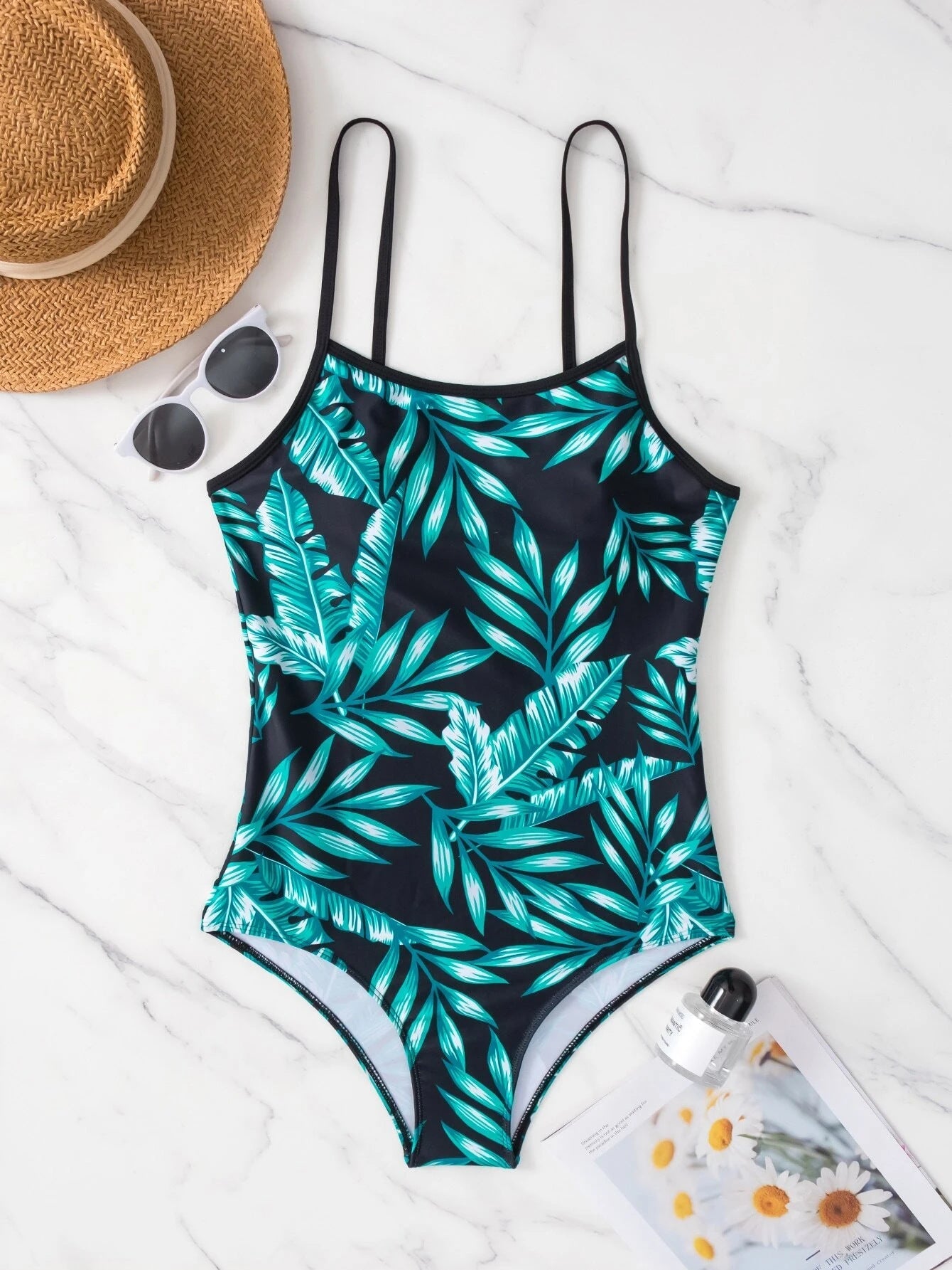 Maillot de bain femme Berg-Feldt imprimé feuilles tropicales, col montant