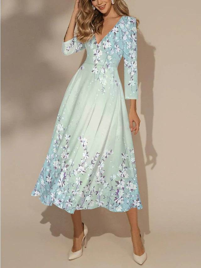 Robe midi trapèze à imprimé floral, col en V et manches 3/4, par berg-feldt