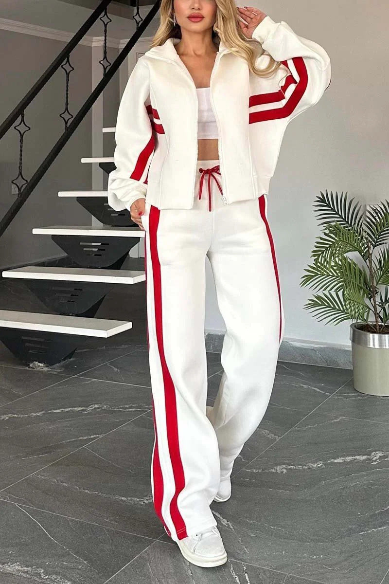 Berg-Feldt | Gestreifte Zip up Cropped Sweatshirtjacke und Sporthose Zwei Teile Satz
