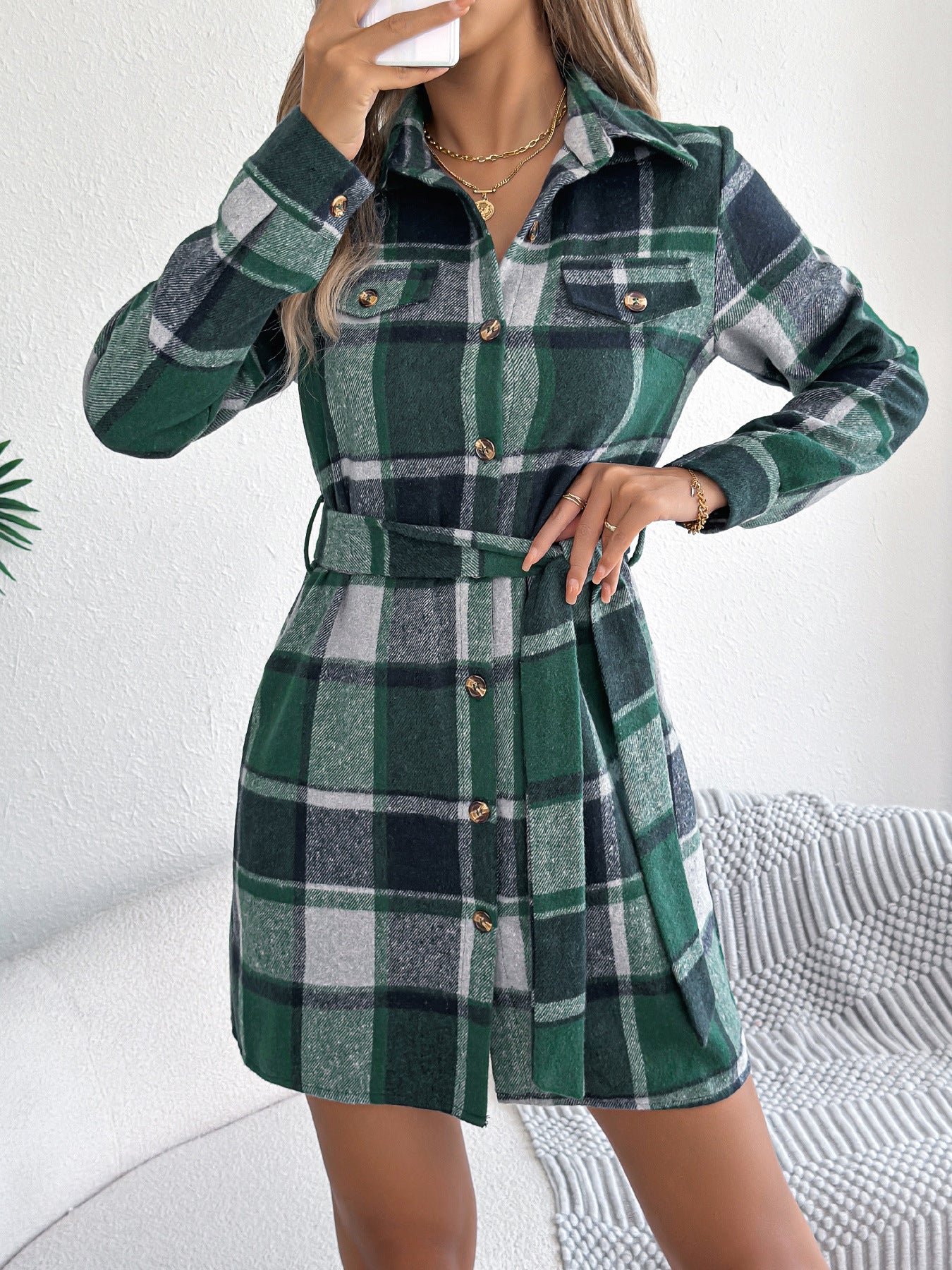 Robe chemisier à carreaux à manches longues avec ceinture berg-feldt pour femme