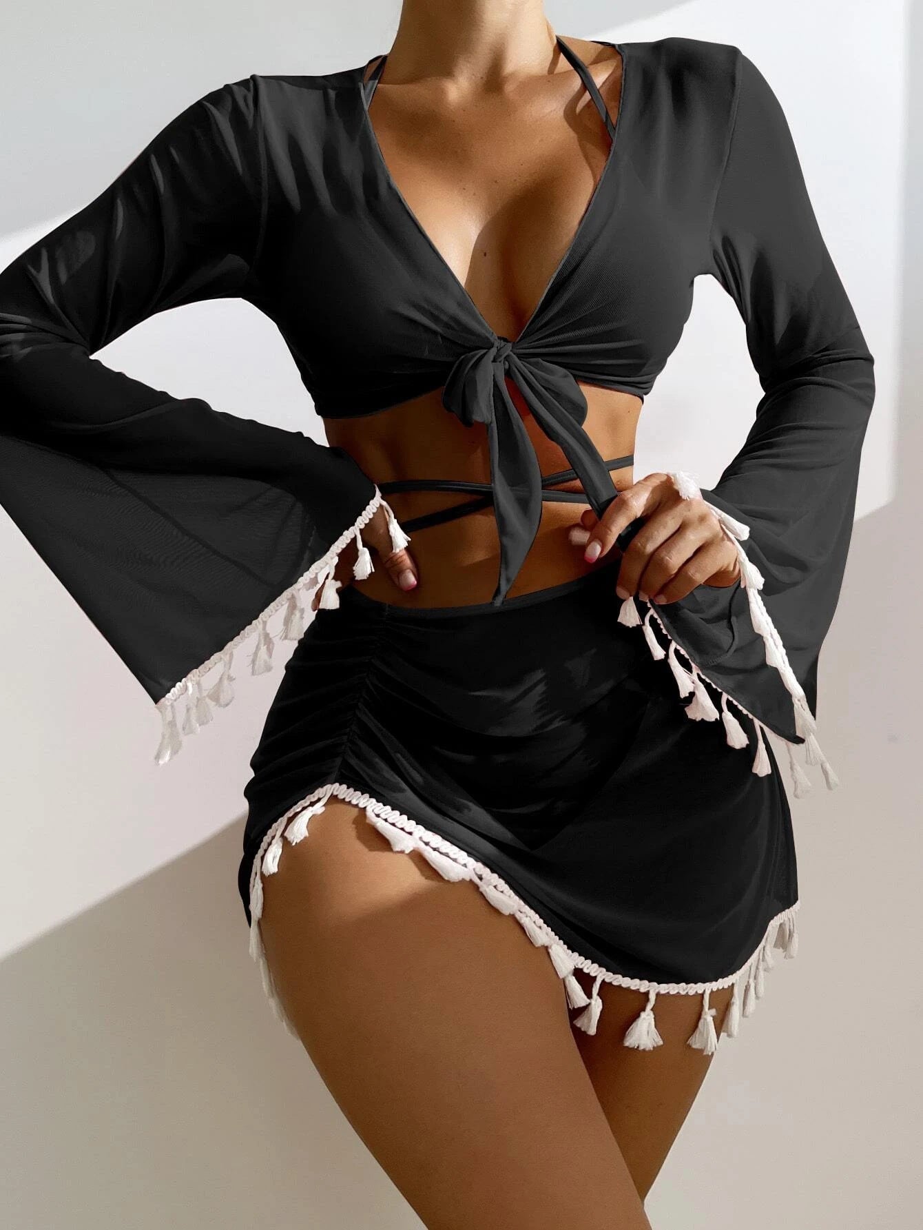 Chemisier de bikini pour femme avec manches longues et amples et ourlet fantaisie de berg-feldt