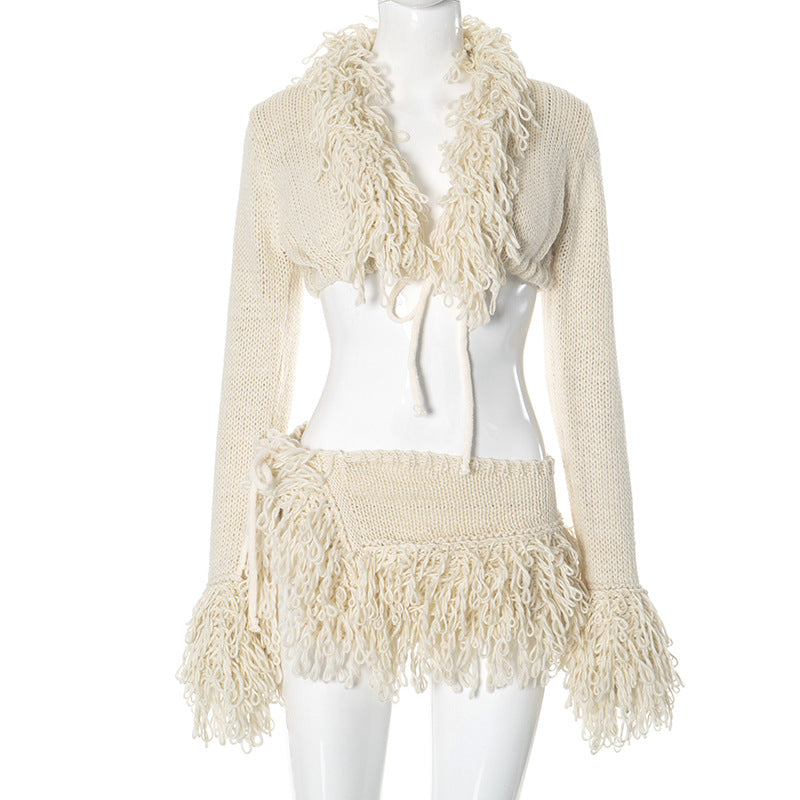 Ensemble cardigan court en maille texturée et jupe courte bohème-chic par berg-feldt
