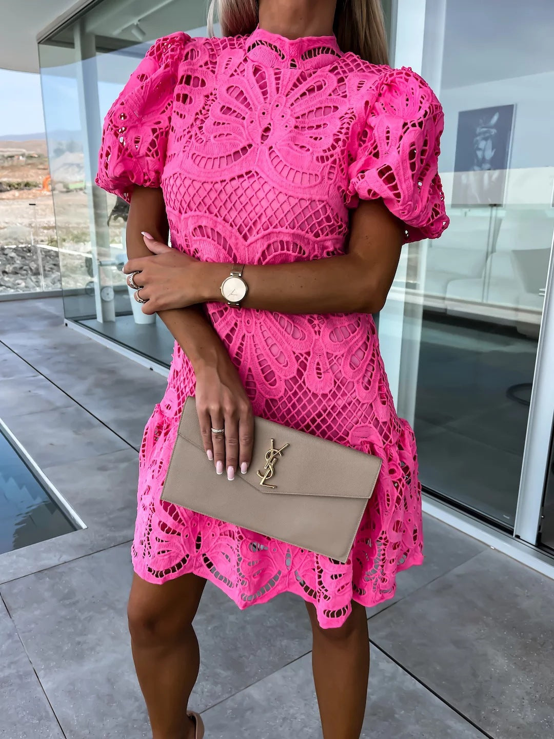 Robe courte évasée en dentelle avec manches bouffantes pour femme, par berg-feldt