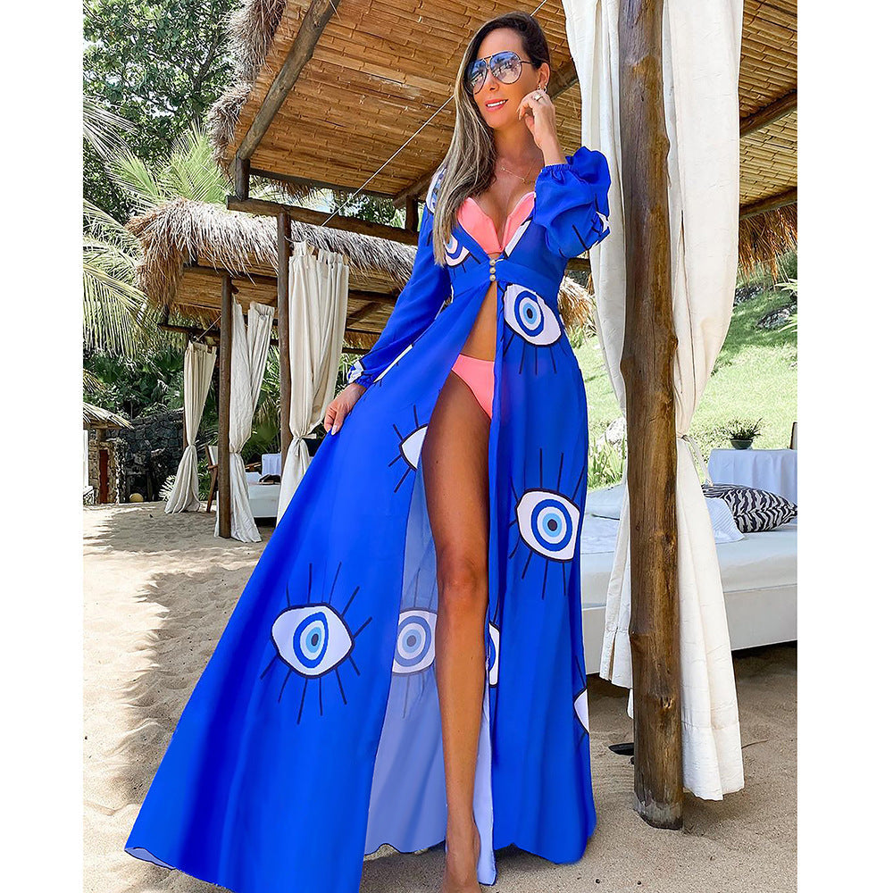 Strandjacke für Damen mit grafischem Augen-Motiv und eleganten Puffärmeln von berg-feldt
 - berg-feldt