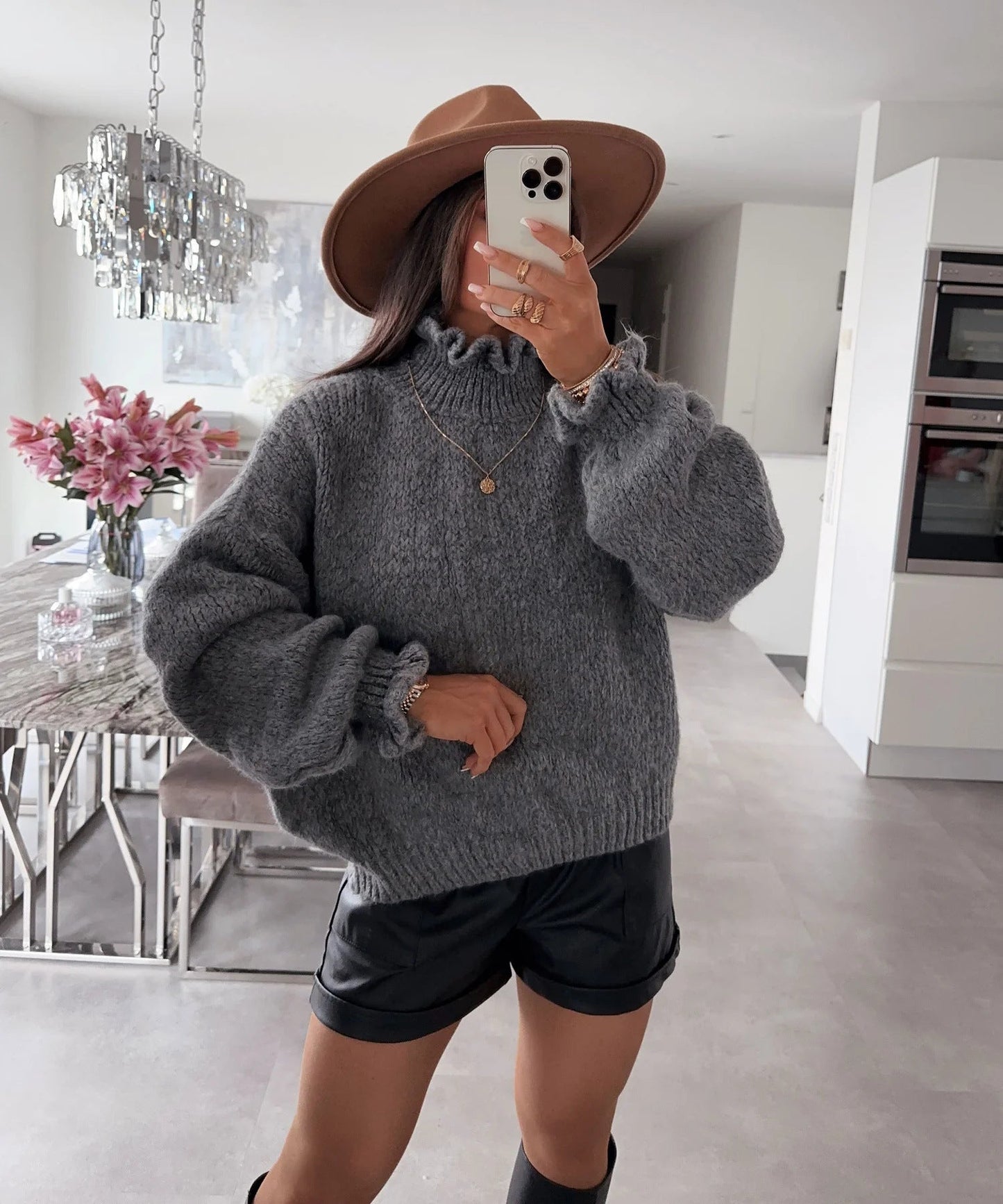 Pull col roulé douillet pour femme avec manches larges et motif texturé Berg-Feldt