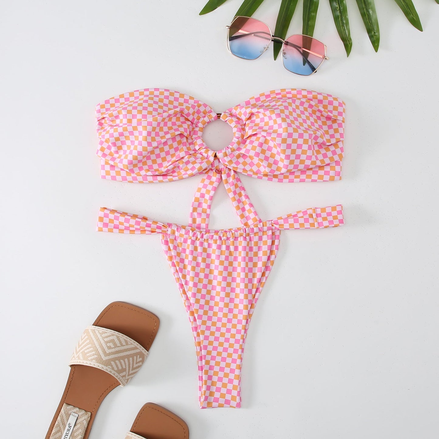 Berg-Feldt Ensemble de bikini bandeau à carreaux pour femme