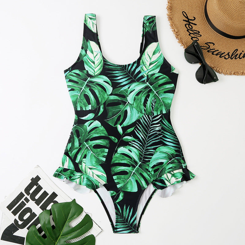 Maillot de bain femme Berg-Feldt imprimé feuilles tropicales à volants