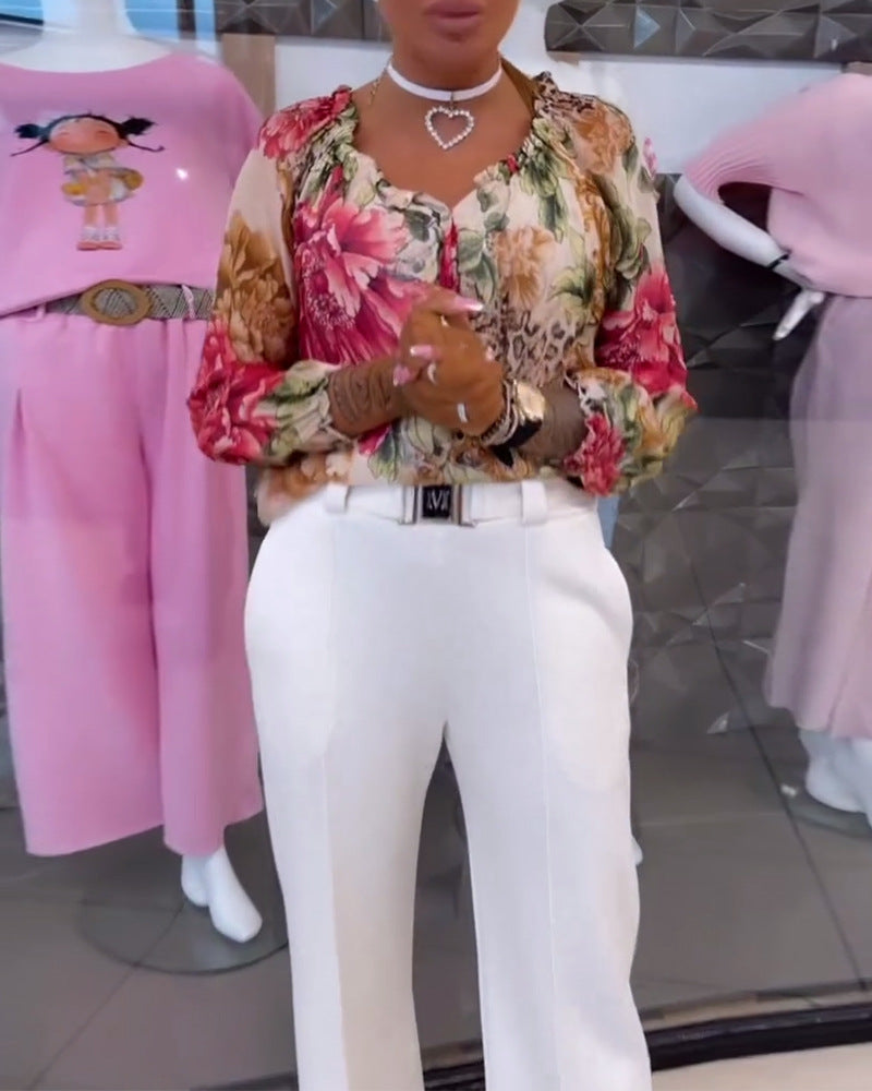 Blouse à la mode pour femme avec motif floral et col rond de berg-feldt