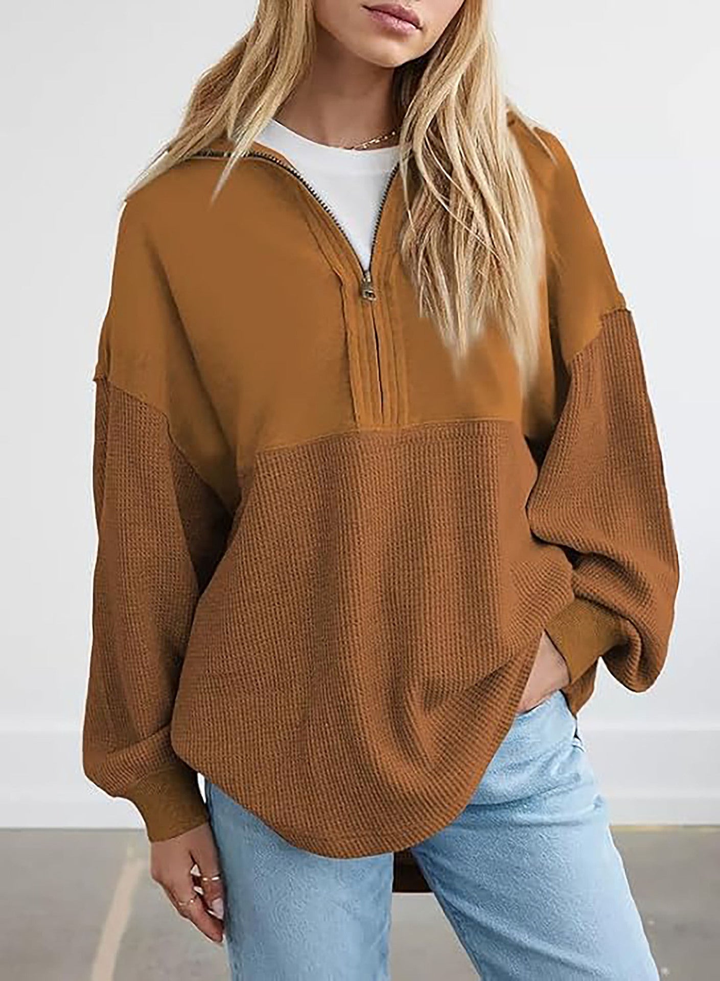 Damen-Sweatshirt décontracté à capuche mi-zippée avec texture Fieldt
