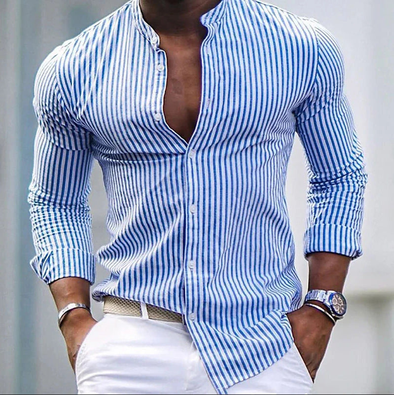Chemise à manches longues pour homme avec col montant moderne et fines rayures Berg-Feldt