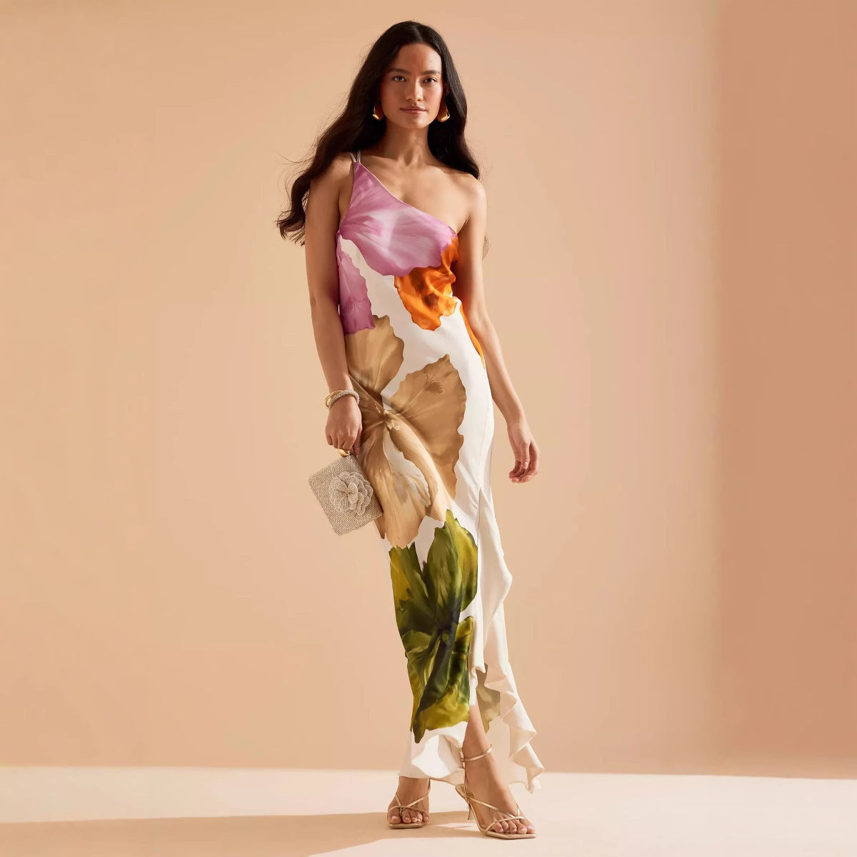 Elegantes Maxikleid mit One-Shoulder-Ausschnitt, Blumenmuster und Raffung von berg-feldt
