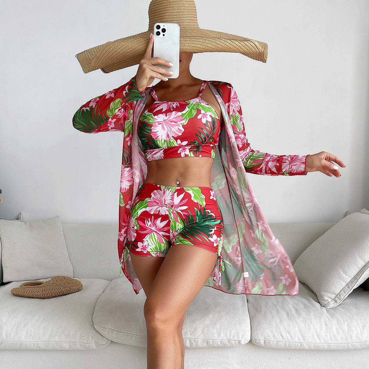 Ensemble de maillot de bain femme Berg-Feldt à motif floral avec veste de plage transparente