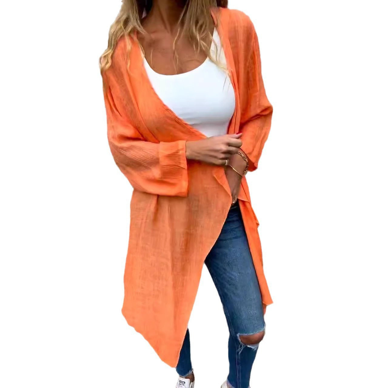 Cardigan long pour femme en matière légère et texturée, porté ouvert, avec des manches élégantes (berg-feldt)