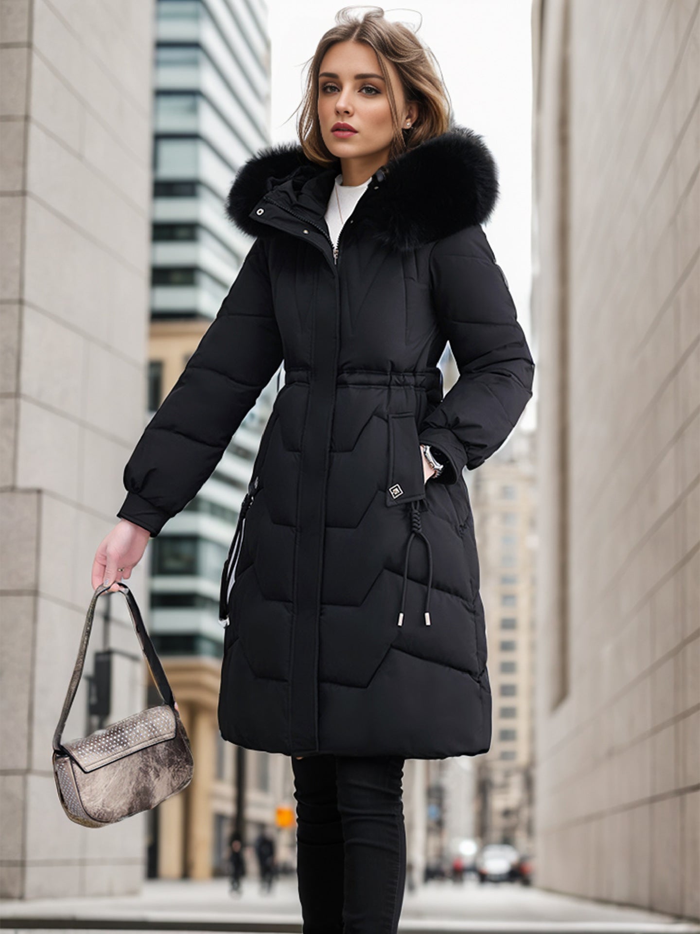 Manteau d'hiver élégant et isolant pour femme avec col amovible en fausse fourrure Berg-Feldt