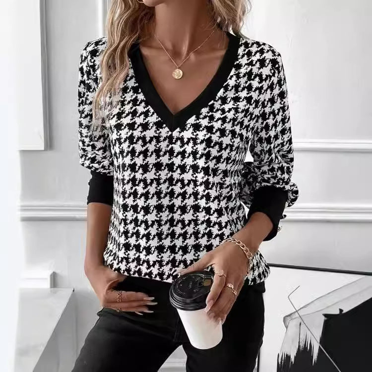 Pull-over pour femme Berg-Feldt, col en V, motif pied-de-poule