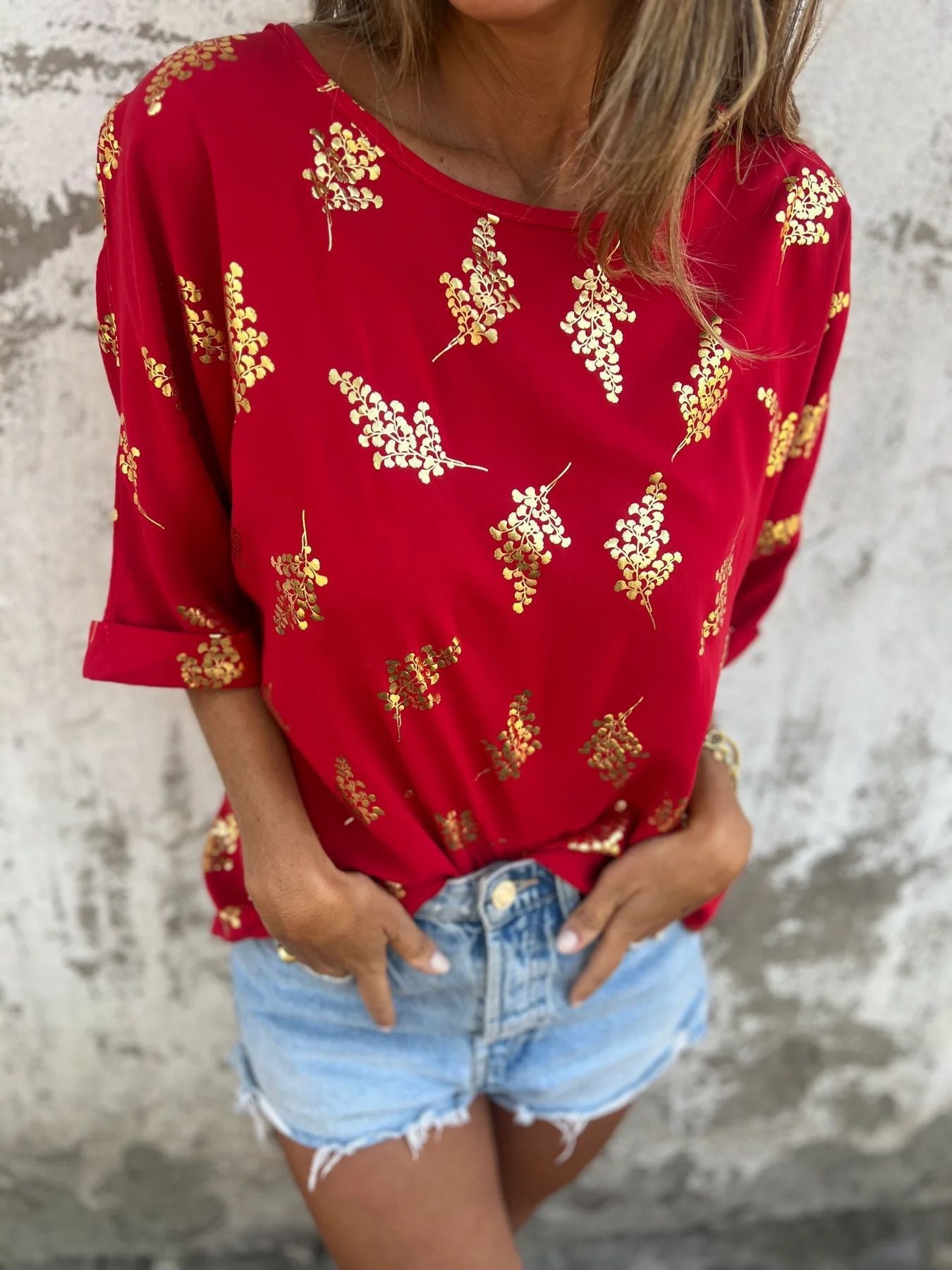 Berg-feldt Blouse femme à motif floral métallisé, manches courtes