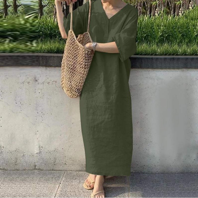 Robe en coton et lin Fudus à col en V
