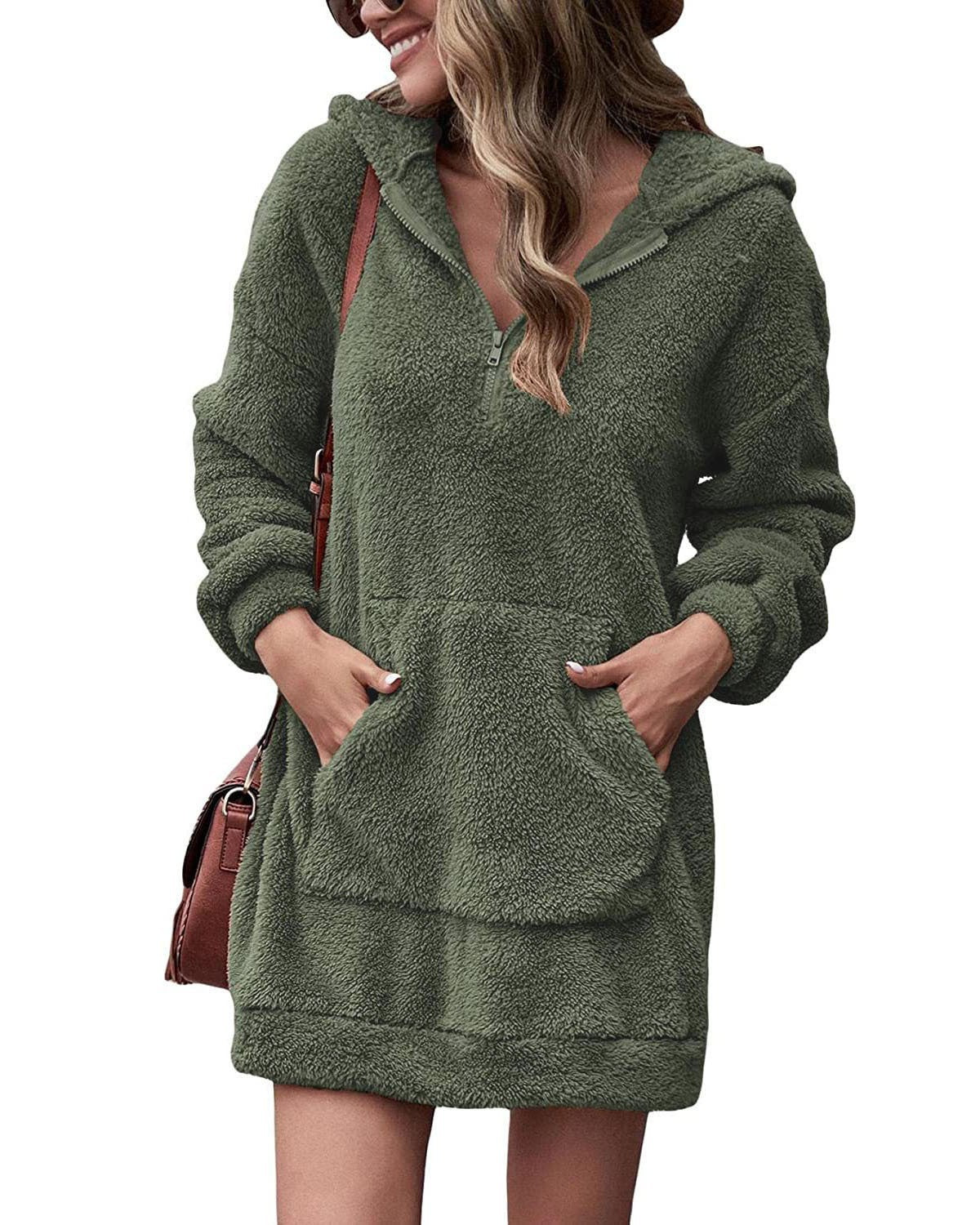 Damen Kuscheliger Hoodie-Kleid mit praktischen Taschen und halben Reißverschluss Berg-Feldt