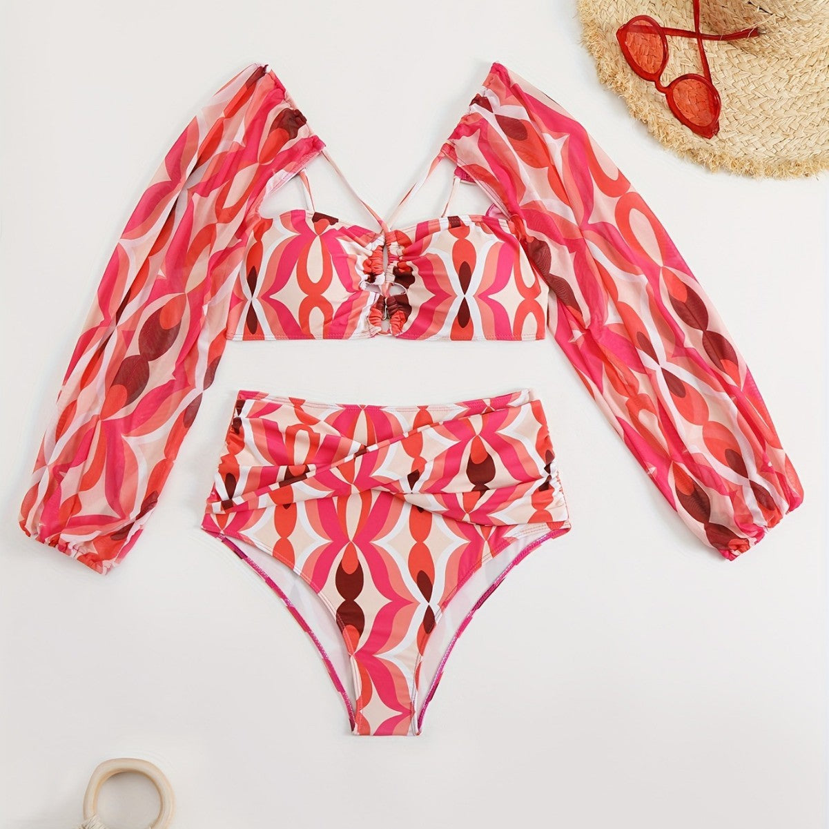 Haut de maillot de bain à manches longues bouffantes et imprimé Berg-Feldt tendance pour femme
