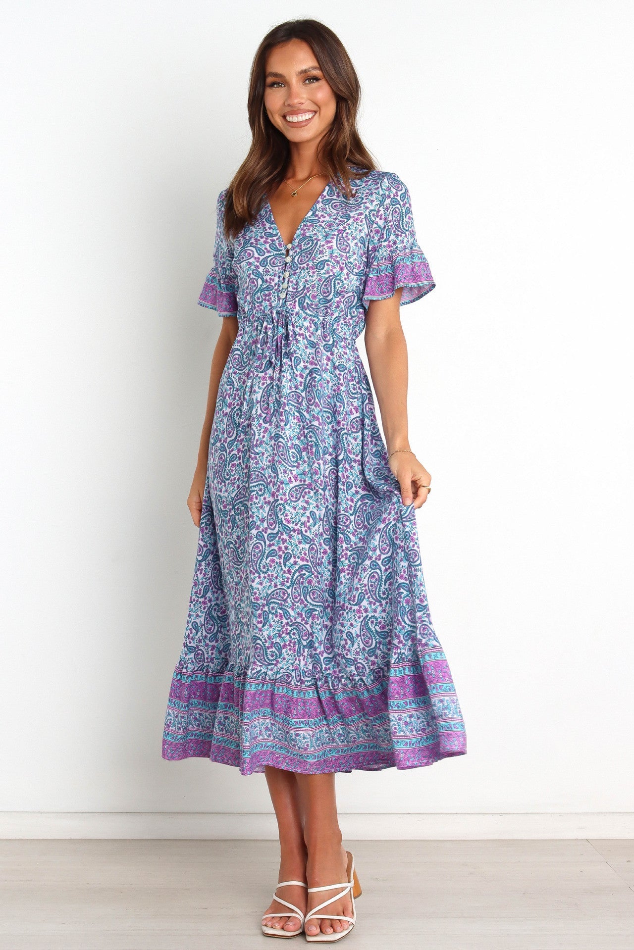 Berg-Feldt Robe femme avec motif cachemire, manches à volants et coupe fluide