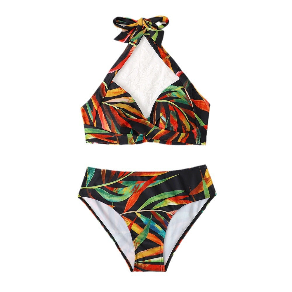 Ensemble de bikini à imprimé feuilles, tour de cou de berg-feldt pour femme