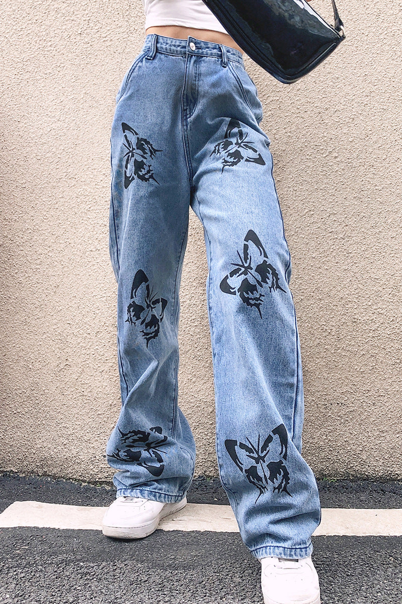 Damen Weit geschnittene Jeans mit kreativem Schmetterlingsdruck Berg-Feldt