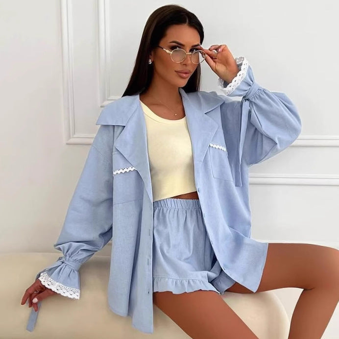 Lässiges Damen-Blusen-Shorts-Set mit Rüschen und luftigem Stoff von berg-feldt