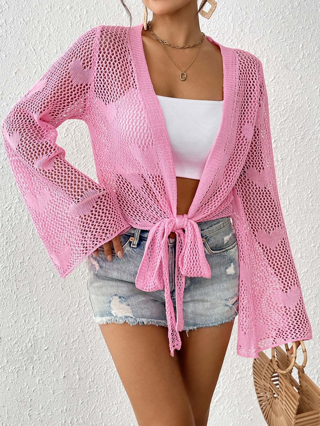 Cardigan de plage pour femme, tricoté ajouré, avec ceinture à nouer, par berg-feldt