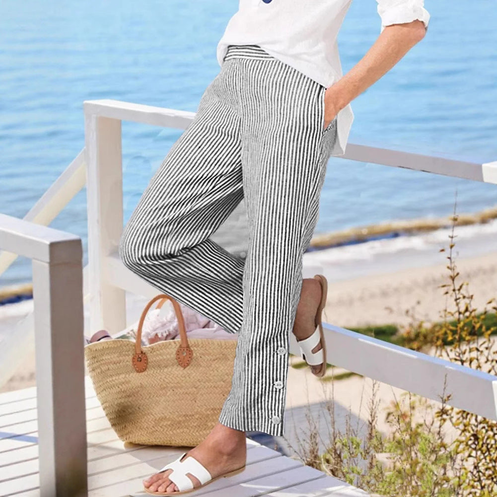 Pantalon chino femme Berg-Feldt à rayures marines avec boutons pratiques