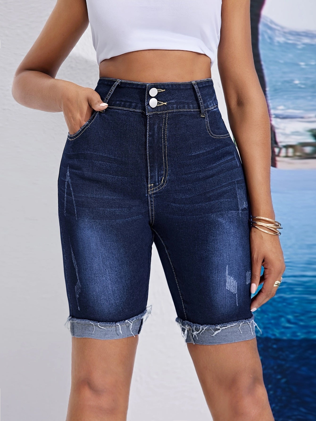 Berg-Feldt Short en jean taille haute pour femme avec ourlets amovibles et boutons tendance