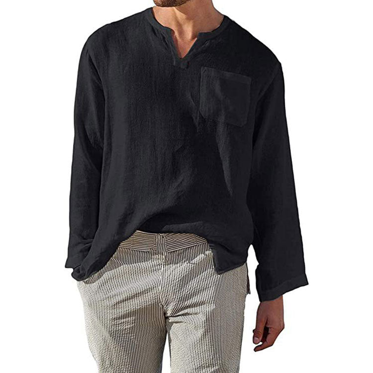 T-shirt homme en lin à manches longues, col Henley et poche poitrine Berg-Feldt